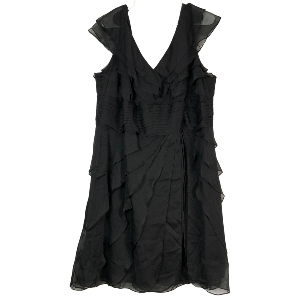 Adrianna Papell Black Solid Ruffle Dress 20W Zip V-Neck Sleeveless Tiered Dress